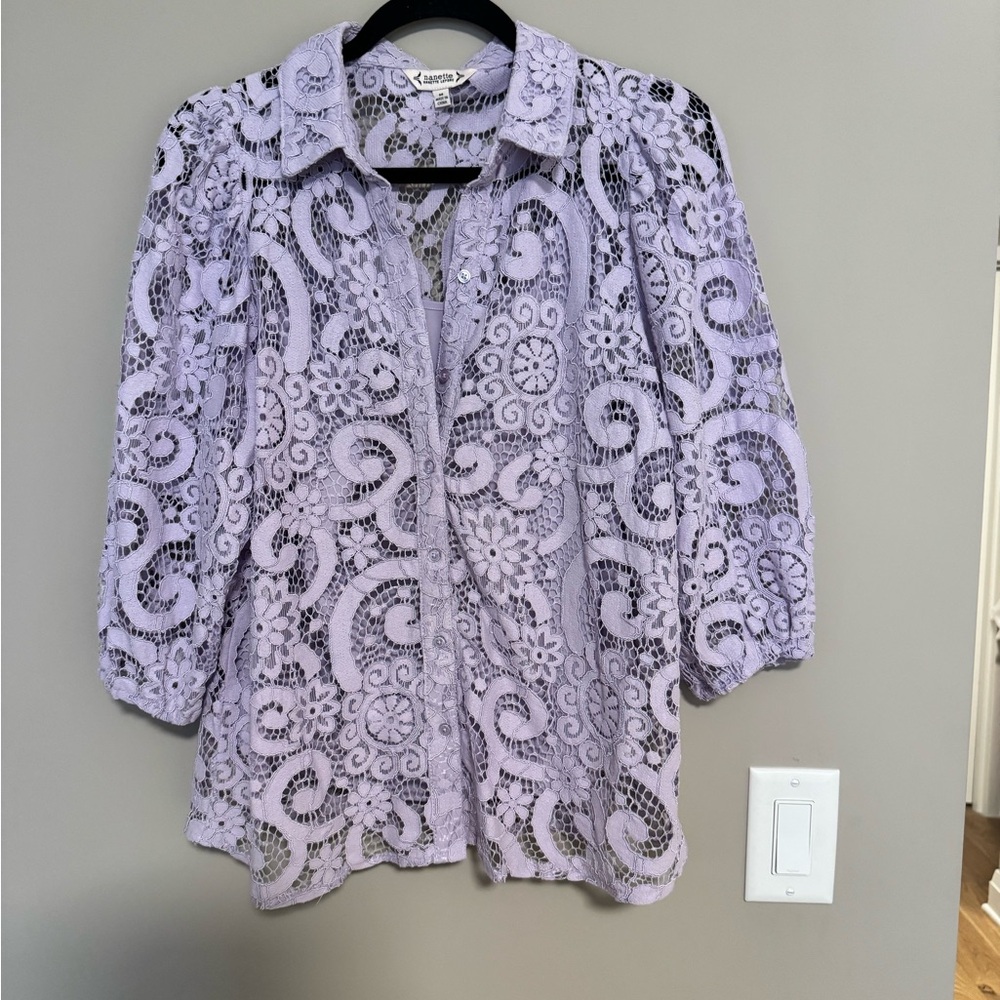 Nanette Lepore Purple lace 3/4 Sleeve Blouse with Notched Collar